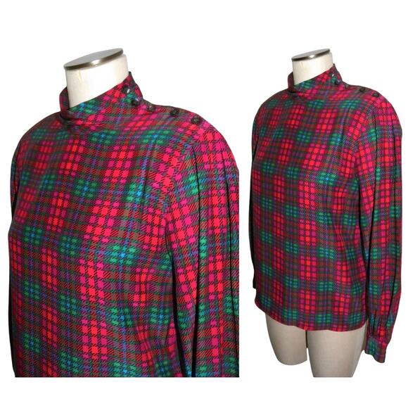 70's 80s Liz Claiborne Red Plaid High Collar Silk Blouse | XSMALL - Picture 8 of 8